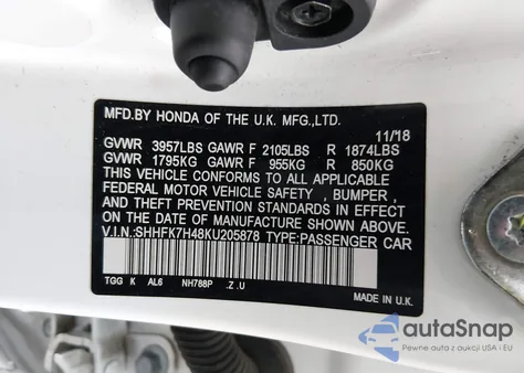 2019 Honda Civic Sport z USA, uszkodzony, nr VIN SHHFK7H48KU205878